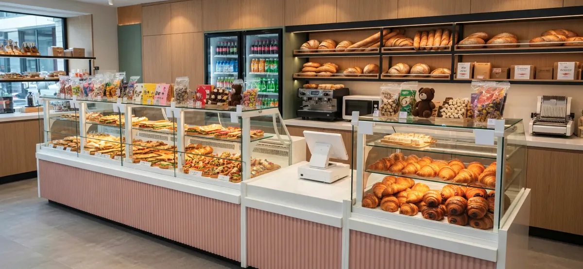 Agencement complet de boulangerie avec vitrines sur-mesure